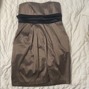 Strapless grey satin dress.